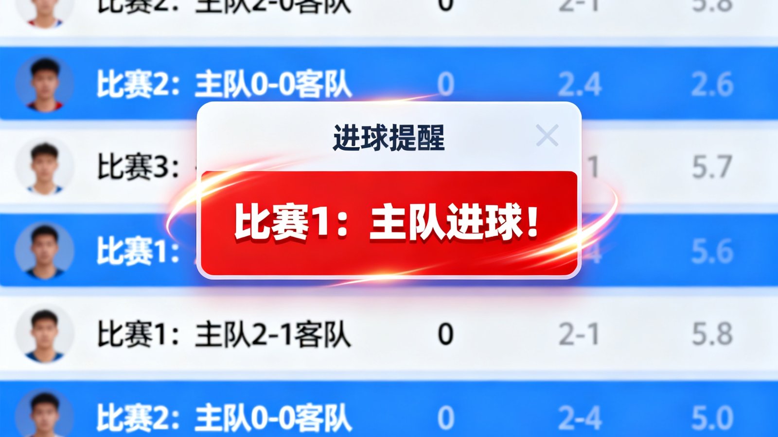 实时比分数据面板，多场比赛比分滚动更新，进球弹窗提醒醒目显示